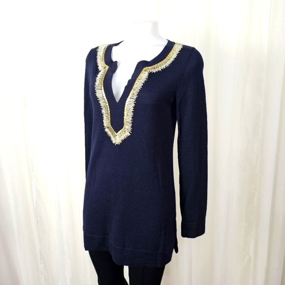 Tory Burch deep navy blue Merino Wool Plunge Neckline Sweater tunic sequin bead - Picture 1 of 9